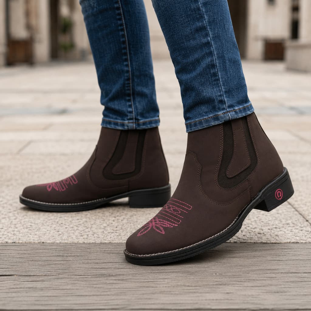 Botina Feminina Boiadeira Texana Country Bordada Cano Curto Bico Quadrado Confortável Rodeio