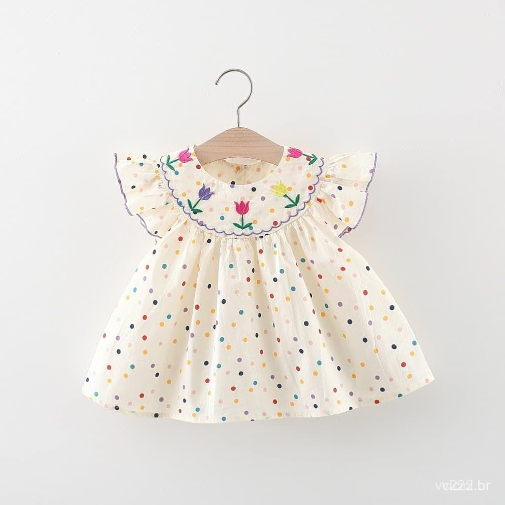 Vestido de Boneca para Menina com Bolinhas Coloridas e Bordado de Flores (0-3 Anos) GPNZ LXZJ