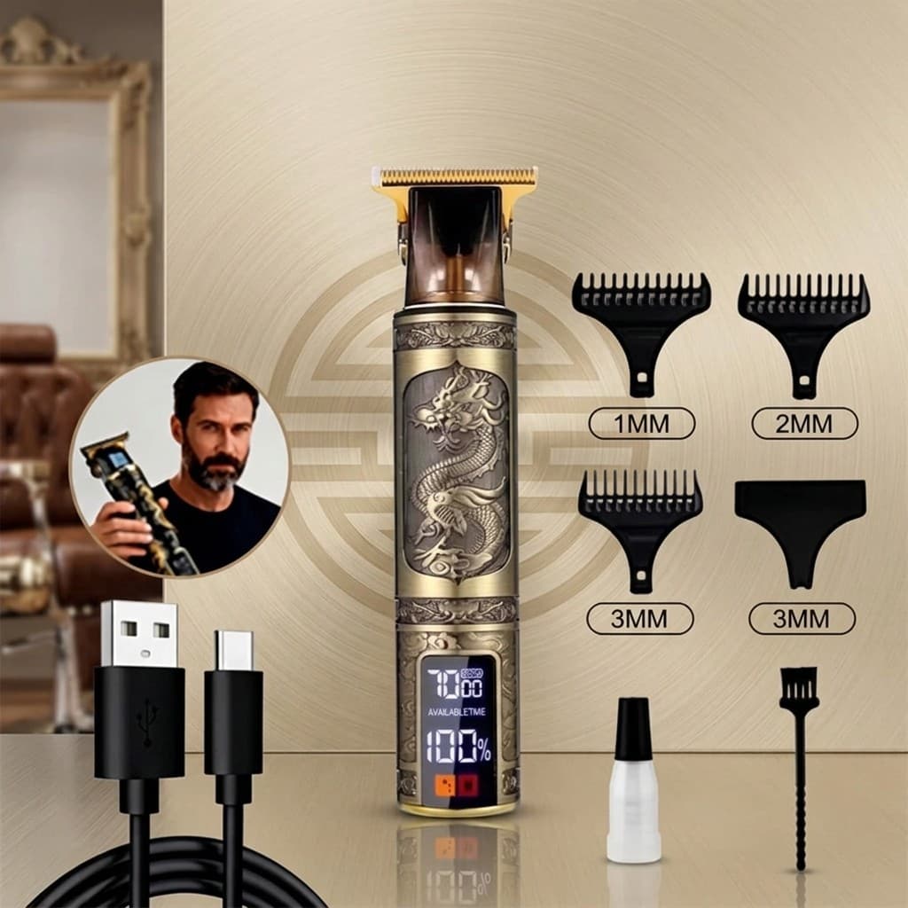 Maquina De Barba Acabamento Dragão Máquina Cortar Cabelo Sem Fio Visor LED Recarregavel Aparador De Pelos Profissional