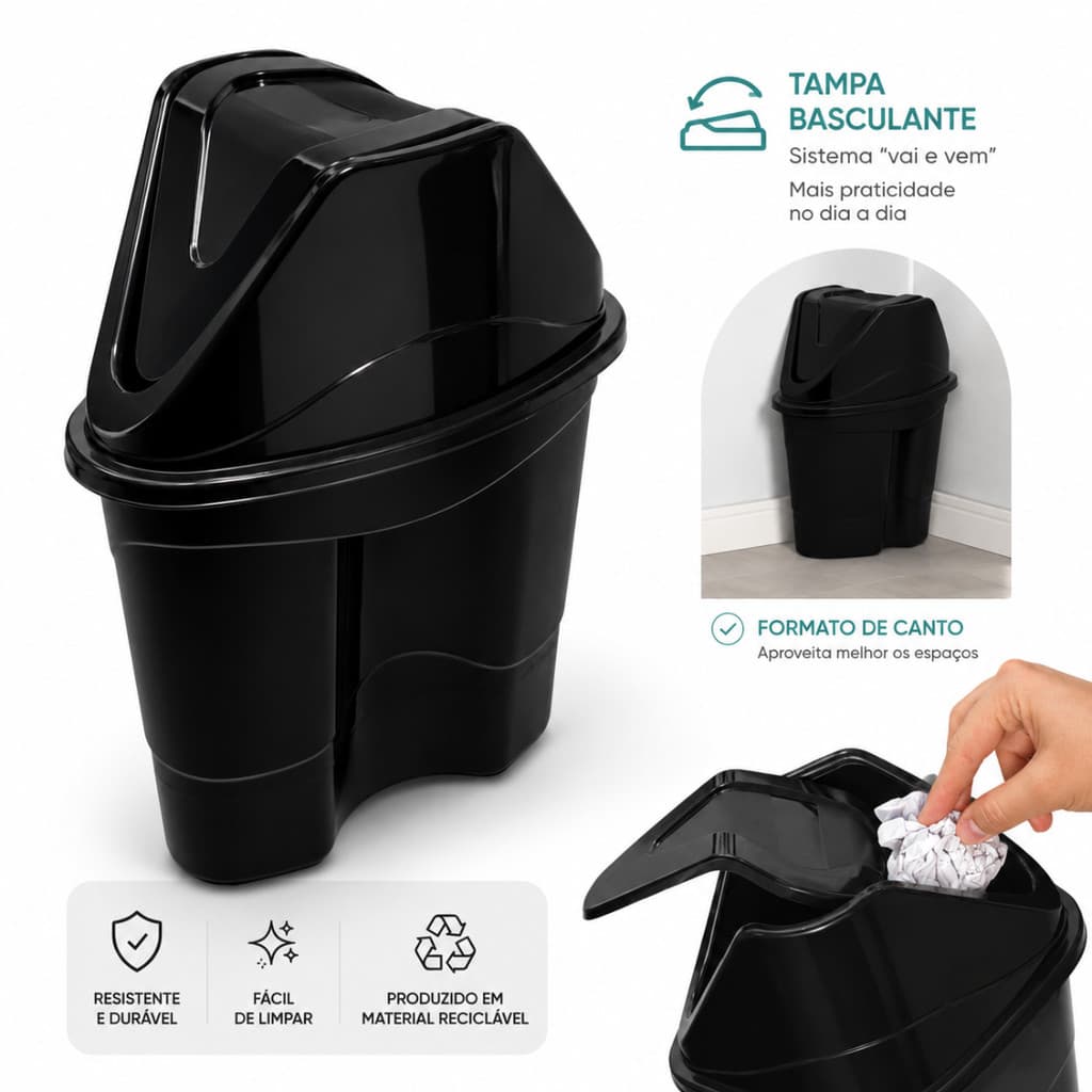 Lixeira De Canto 36 Litros Grande Tampa Basculante Lixo De Quintal Externo Preto Resistente Banheiro
