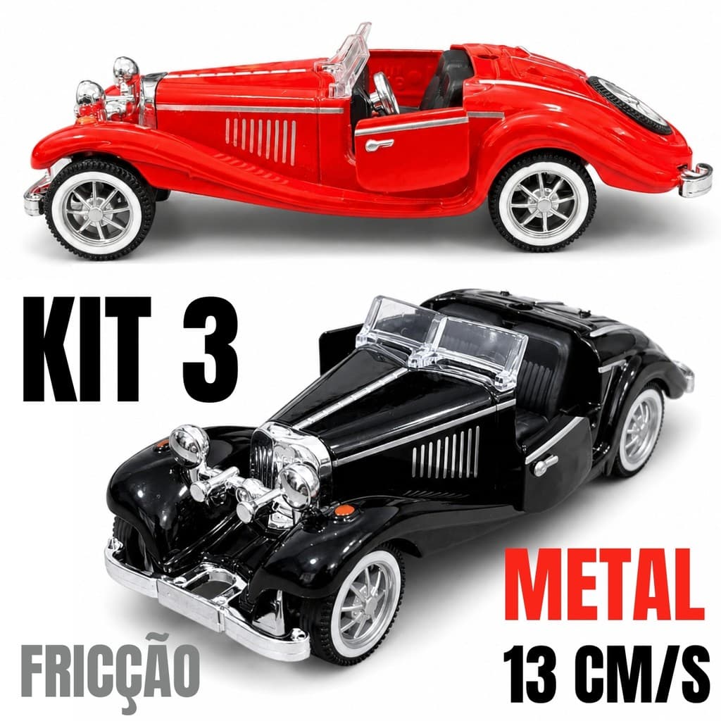Kit com 3 Miniaturas Roadster Retrô 13cm Metal e Sistema de Fricção