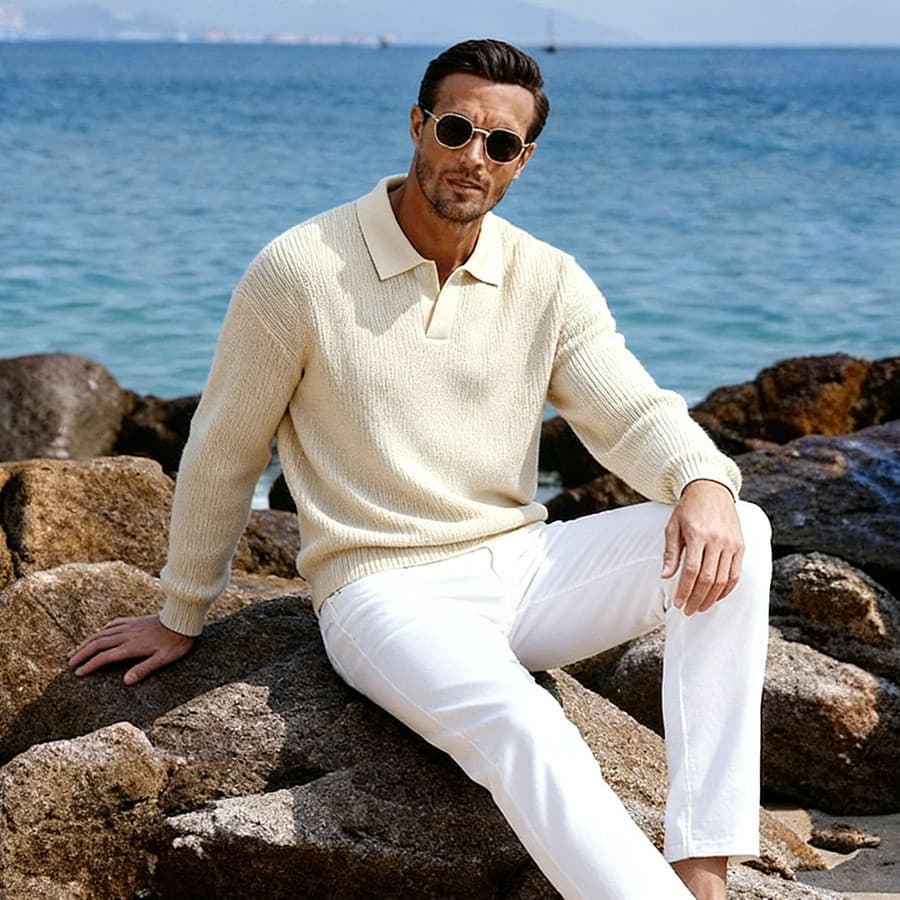 Camisola de malha de lapela masculina exclusiva transfronteiriça primavera outono americano Casual com decote em V manga
