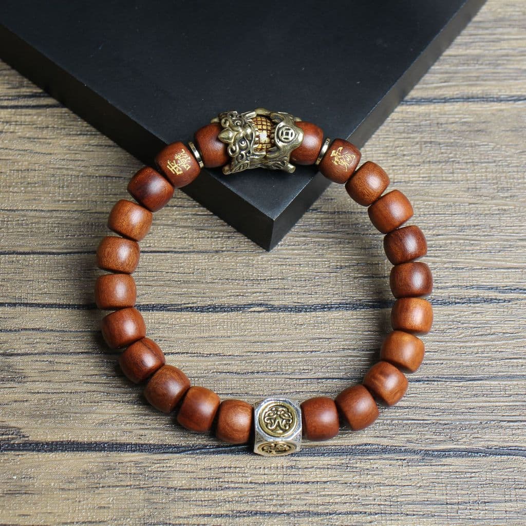 Longhushan [Pixiu Atrai Fortuna] Pulseira de Contas de Buda em Madeira de Jujuba Tratada por Trovão para Homens e Mulher