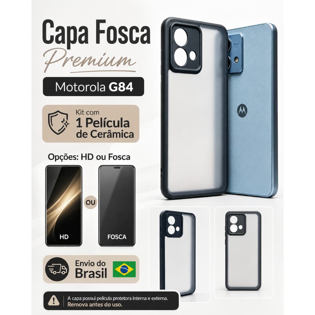 Kit Capa capinha translucida preto Premium motorola G84+Película Cerâmica HD/Fosca