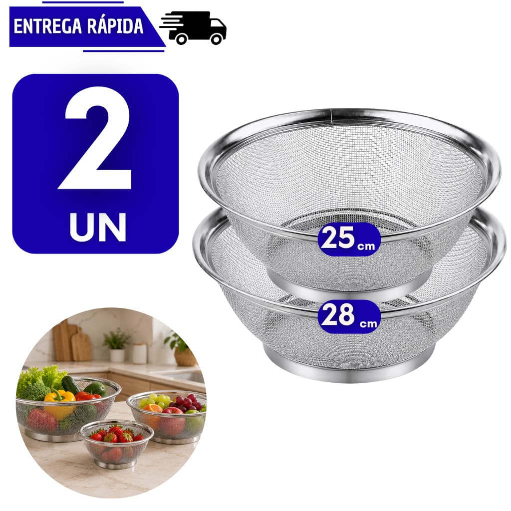 2 Cesto Escorredor em Aço Inox Cozinha Massa Fritura Legumes Frutas Fruteira Escorrer Arroz Resistente Peneira Cesta