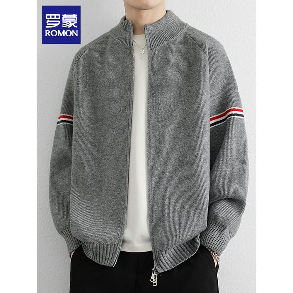 Lomon Cardigan malhas masculino 2025 inverno novo estilo contraste cor listrado camisola Casual gola alta camisola jaque