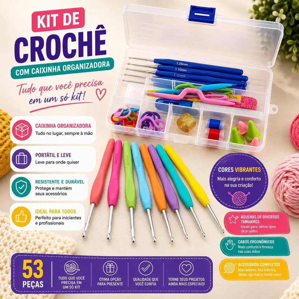 KIT CROCHÊ COMPLETO FERRAMENTAS AGULHAS, TESOURA - 53 PÇS