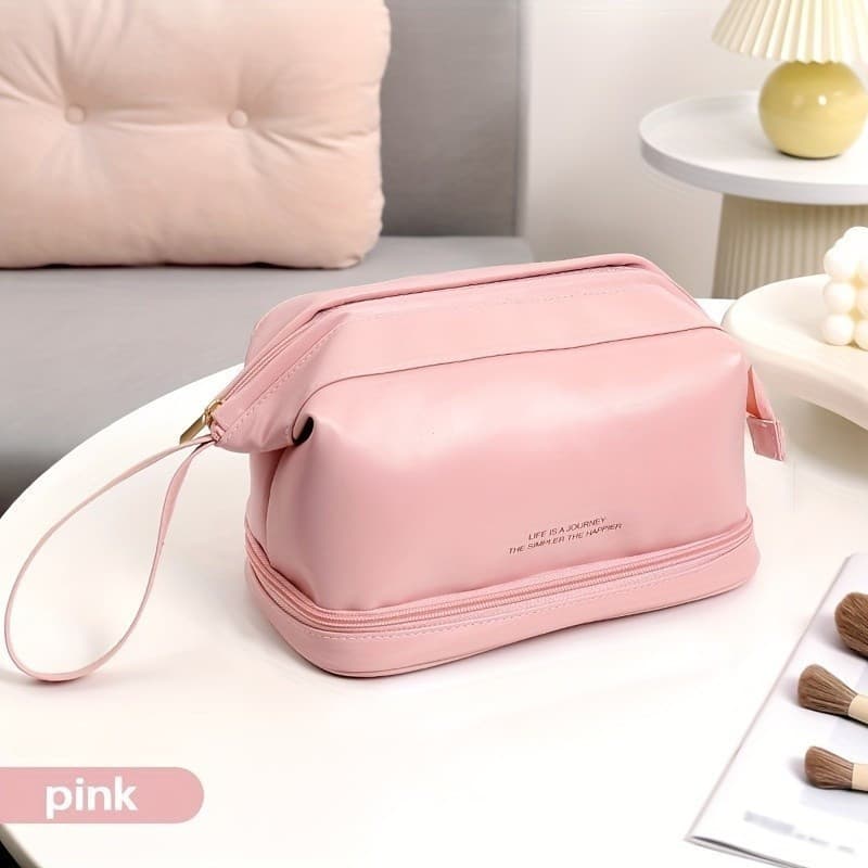 Bolsa Couro Pu Feminino De Cosméticos De Camada Dupla Grande Capacidade
