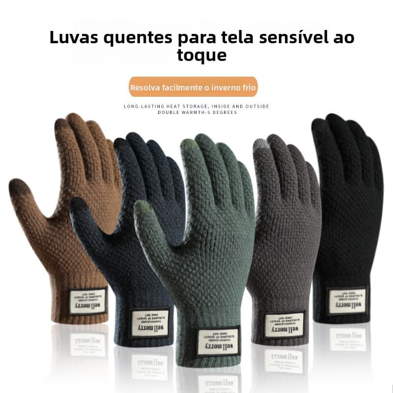 Luvas de malha para outono e inverno, tamanho grande, masculinas, forradas com fleece, espessas, jacquard, quentes, de l
