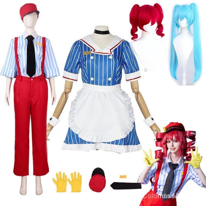 Conjunto de Fantasia de Cosplay Kasane Teto com Peruca, Uniforme de Empregada Anime VTuber, Vestido Listrado e Chapéu GZ