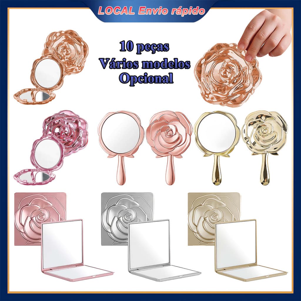 Kit 10 Espelhos de Bolso Flor de Rosa, Modelos Portáteis para Maquiagem, Viagem e Eventos