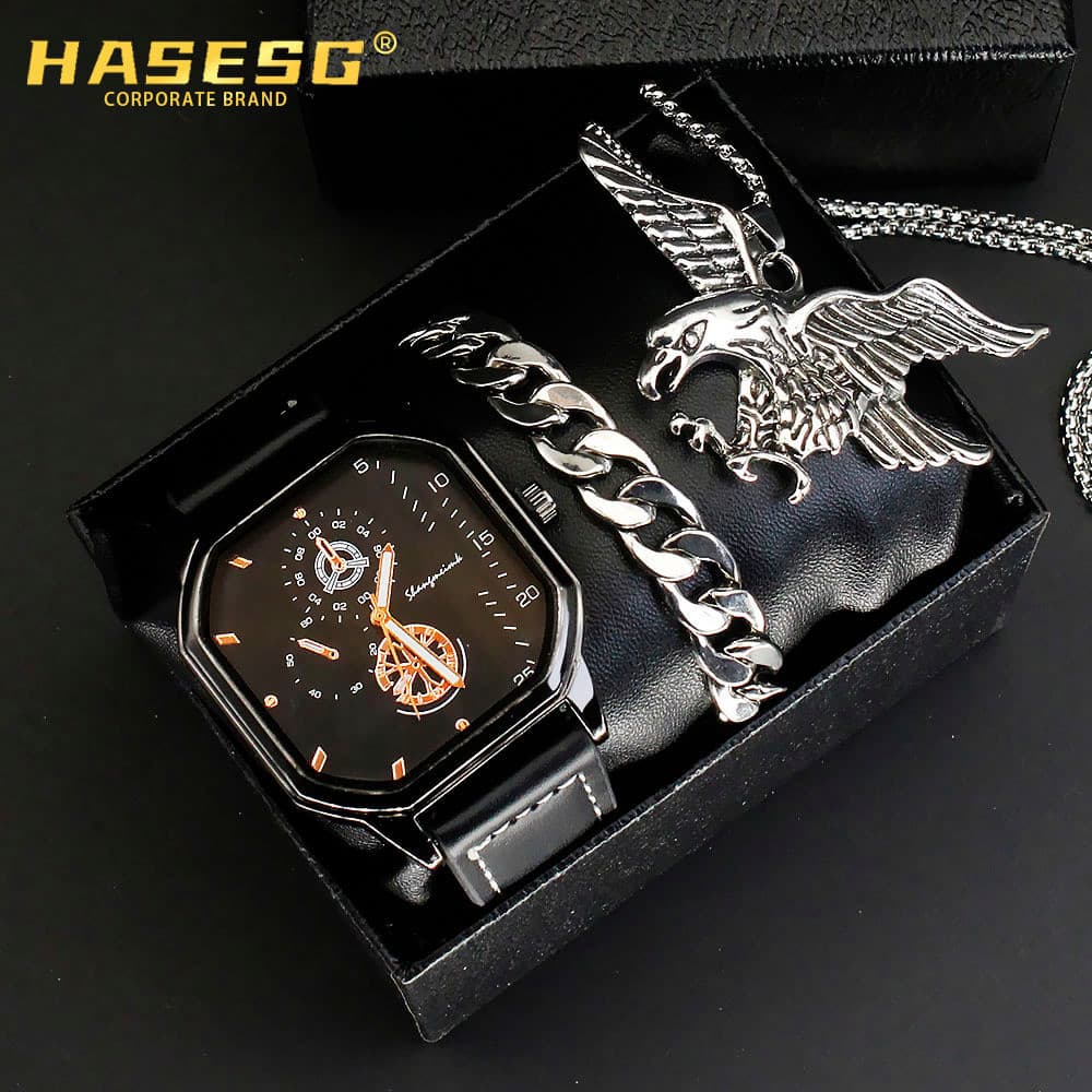 Relógio quadrado masculino na moda colar acessórios conjunto cinto relógio masculino pulso72026