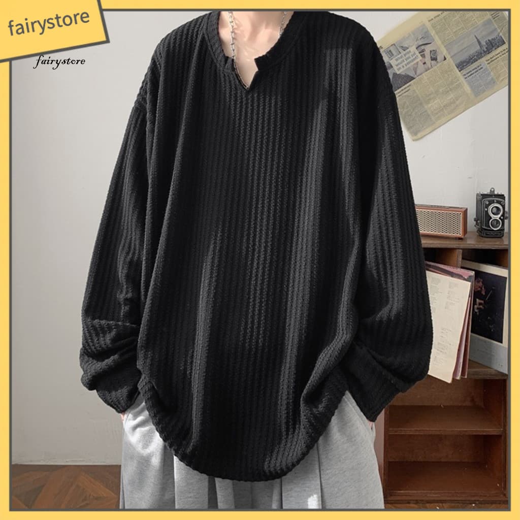 Long Sleeve Tee Top Spring Autumn Men’s V-neck Oversized Pullover Sweatshirt Loose Fit Mid-length Striped Texture Hop