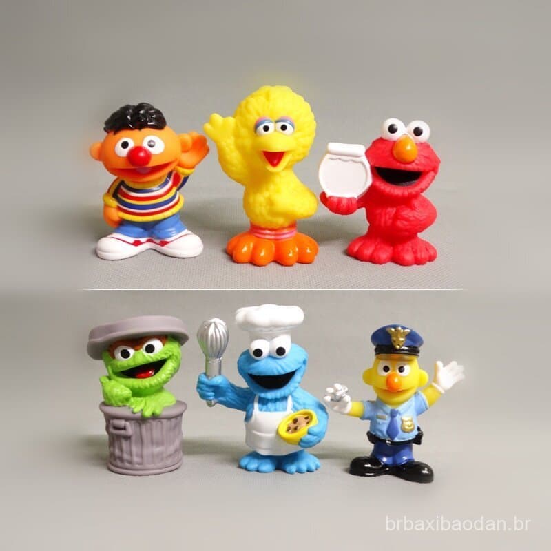 6 novas figuras de vinil da Rua Sésamo: Elmo, Monstro das Biscoitos, Pássaro Gigante, Ernie, Oscar, Bert.