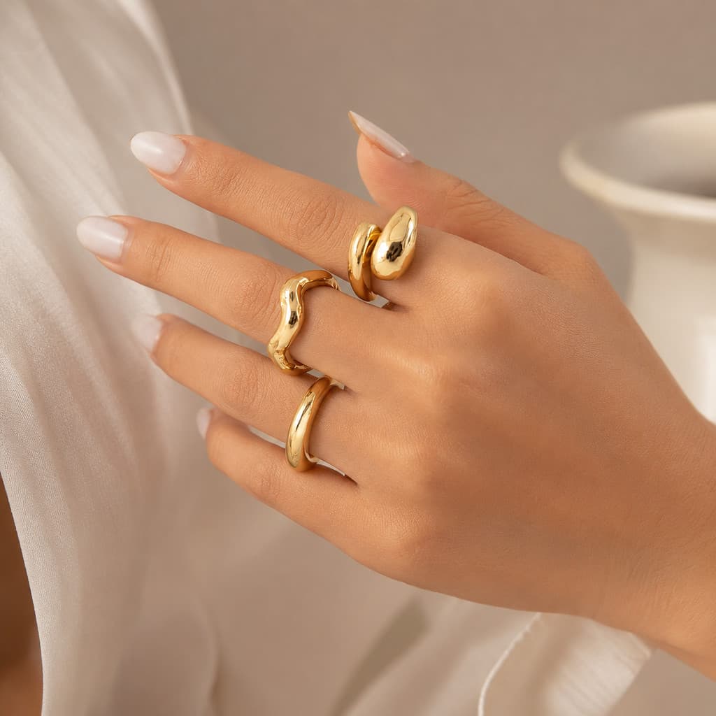 Conjunto de Anéis Dourados Lisos e Ondulados, Estilo Elegante para Todos os Dias