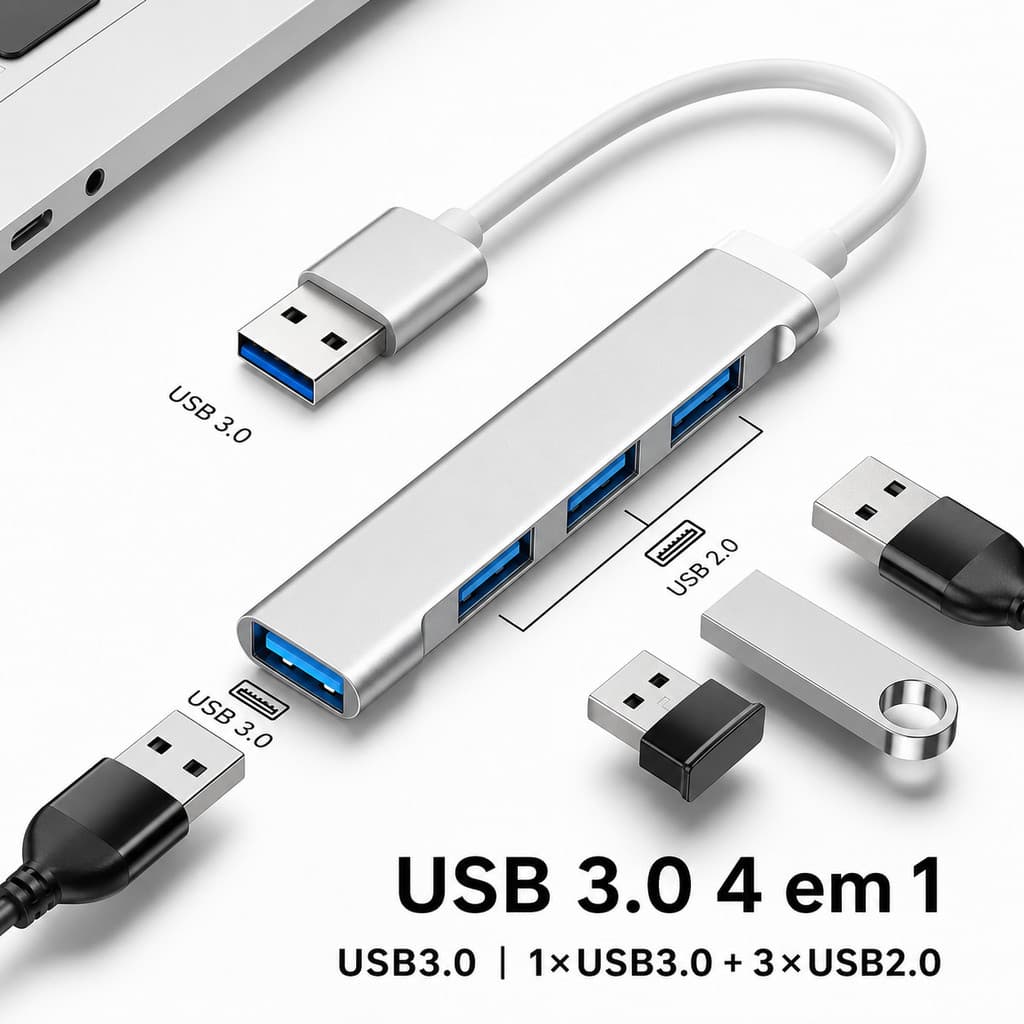 Adaptador Hub USB 4 Portas com USB 3.0 e USB 2.0 para Mouse Teclado Pen Drive e Notebook