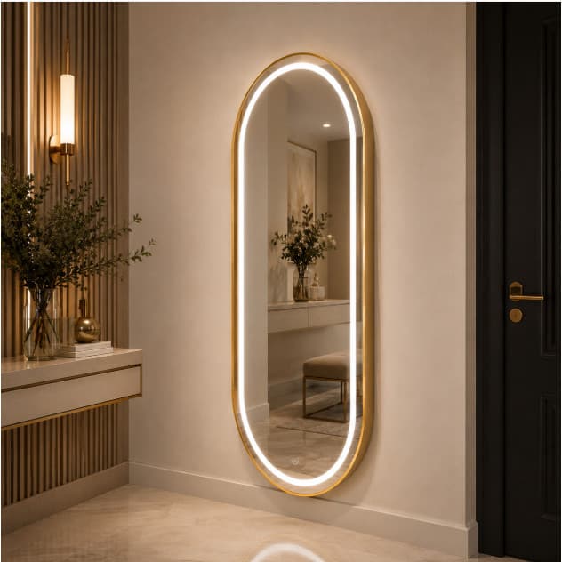 Espelho Oval LED Touch 3 Tons Jateado 120x50 Com Moldura em Alumínio Dourada