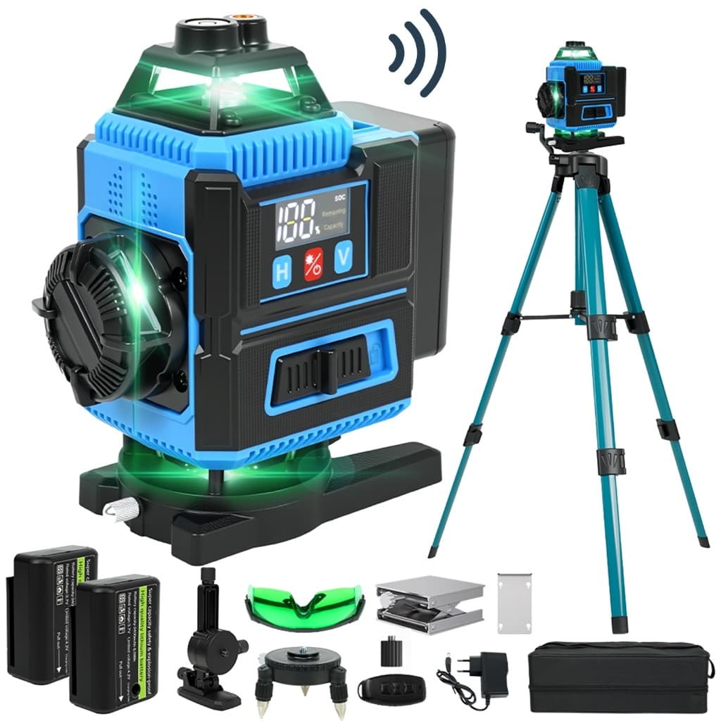 Nível a Laser 16 Linhas 4D Verde Profissional Tripé Voz 2 Baterias Recarregáveis Autonivelamento 360° Kit Completo