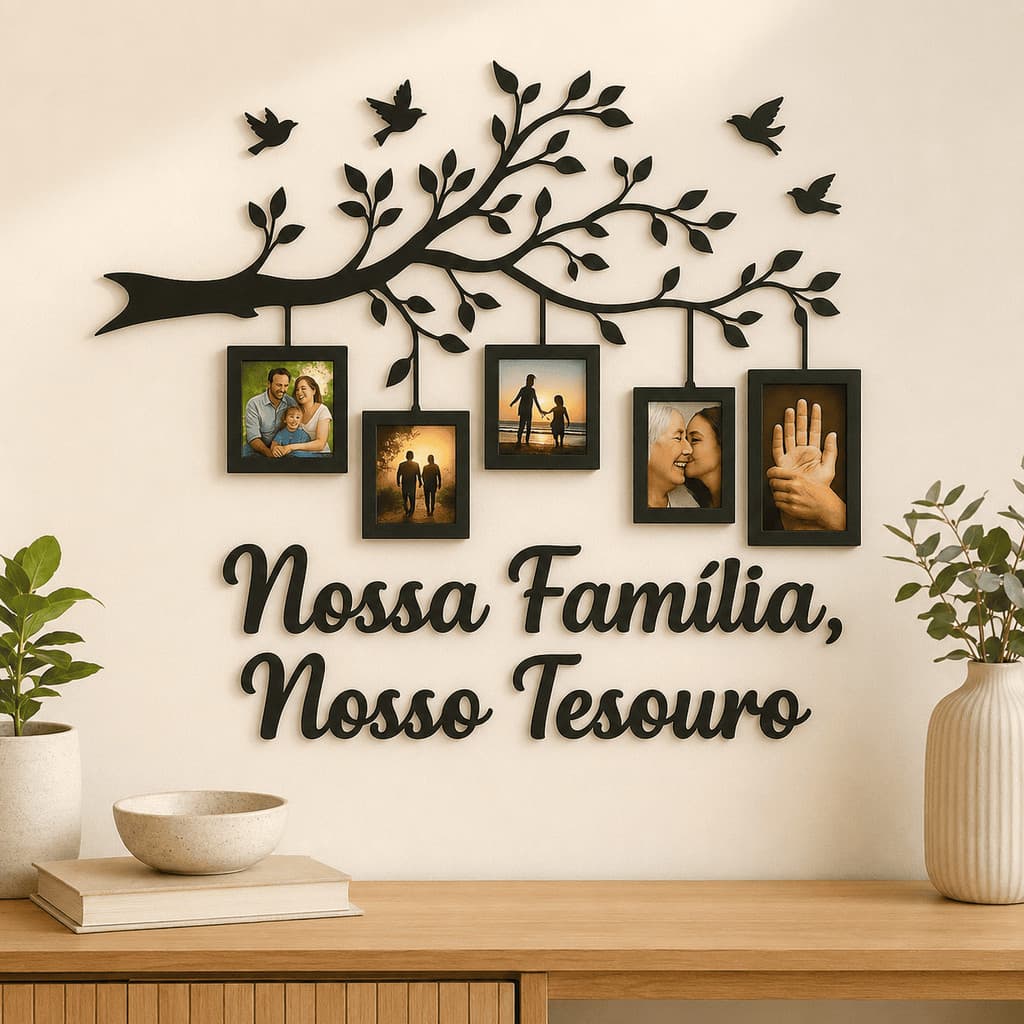 Quadro Decorativo Árvore da Família com 5 Porta Retratos e Frase Nossa Família Nosso Tesouro