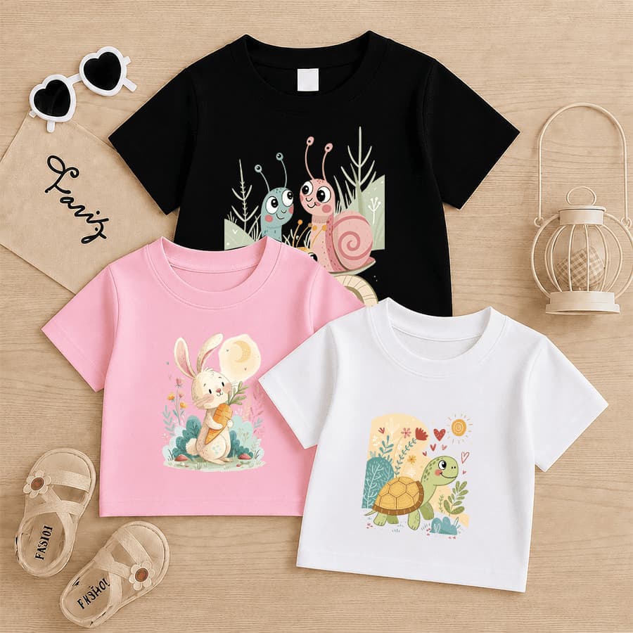 Kit 3 Camiseta Básica Infantil Lesma Coelho Tartaruga Blusa 100% Algodão Tendência