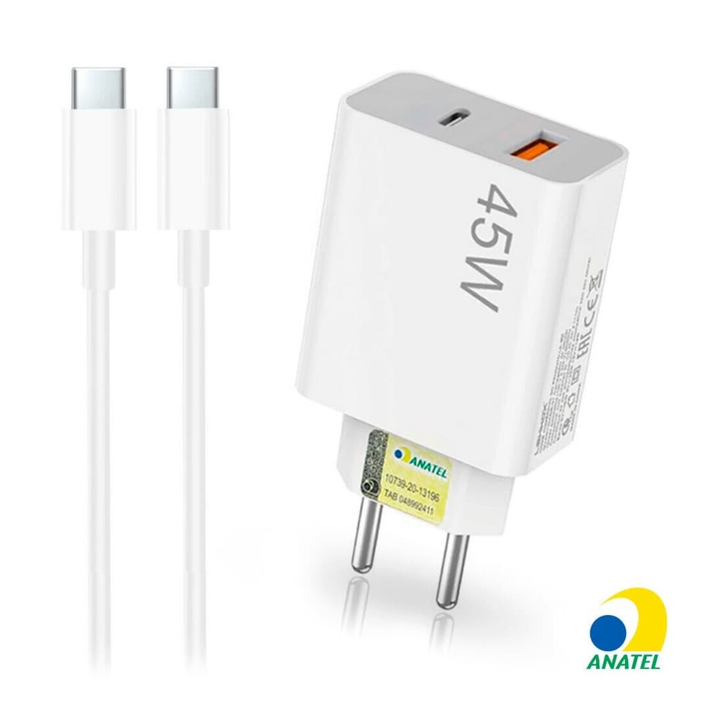 Carregador de Celular Turbo 45W PD USB com Cabo Type-C 1M