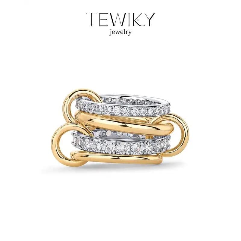 Anéis Empilháveis Interligados TEWIKY para Mulheres - Conjunto de Anéis Múltiplos em Metais Mistos - Joias de Zircônia C