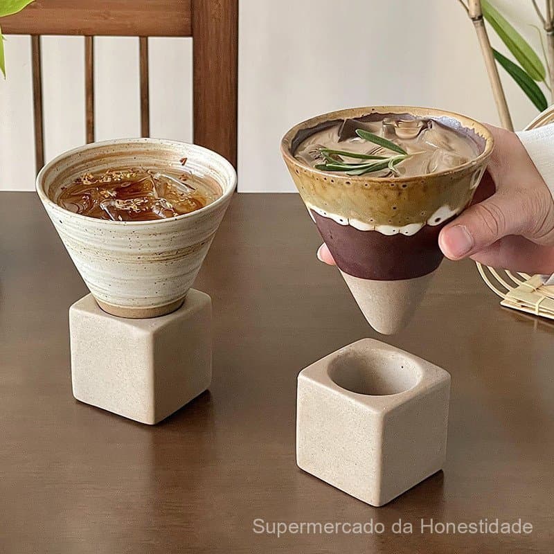 Xícara de café vintage, xícara de cerâmica feita à mão, caneca de cerâmica rústica em formato de funil, xícara de água,
