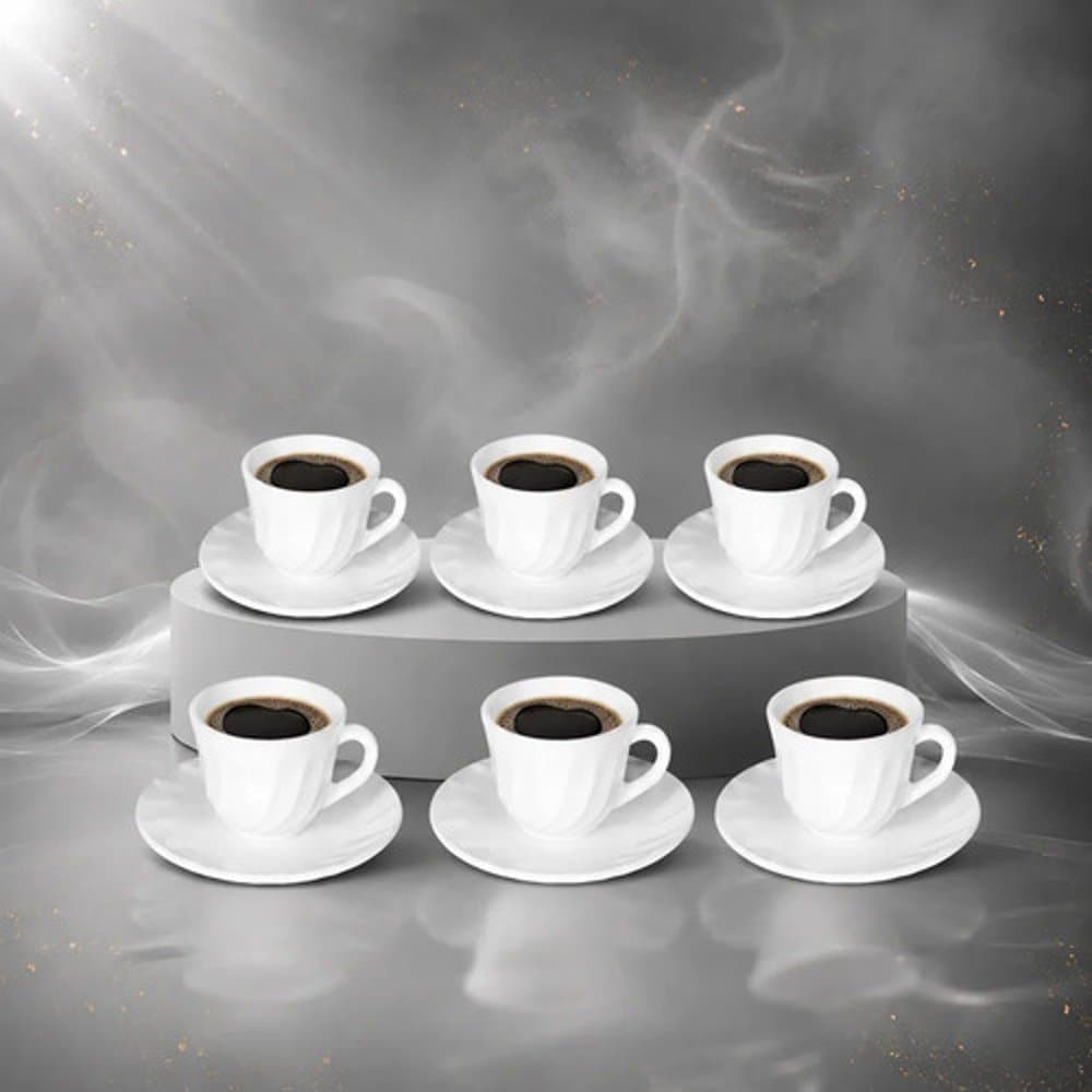 Jogo 6 Xícaras Vidro Opalina Com Pires 80ml Café Branca Kit Branco Relevo Espiral