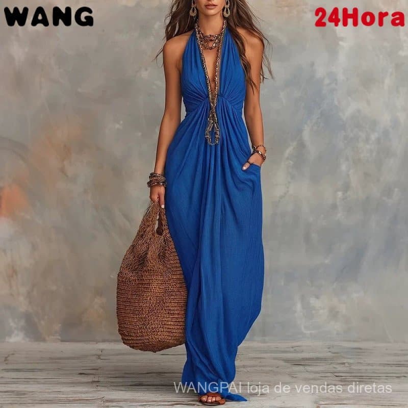 Vestido Longo Feminino de Cor Sólida com Decote Halter e Decote em V, Ajuste Justo