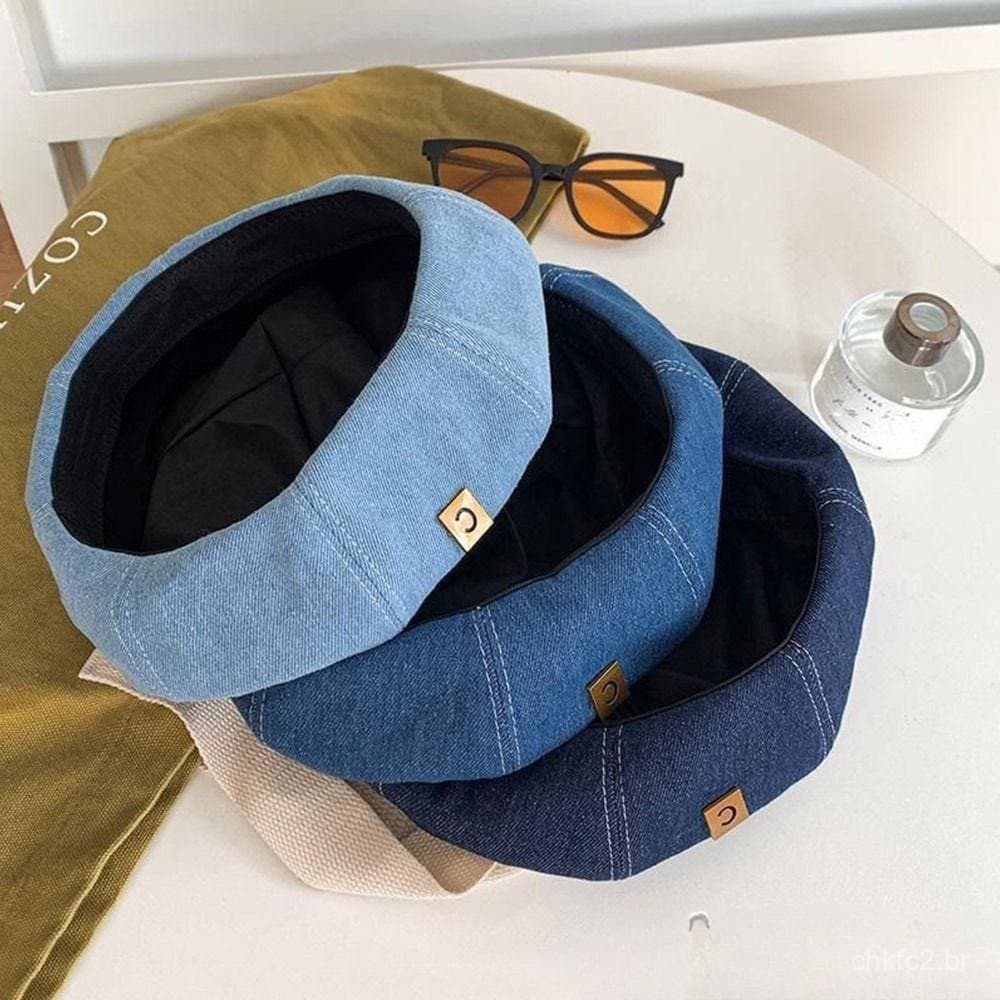 Chapéu Boina Feminino WONY1E , Boinas Jeans Britânicas , Boné Octogonal Retrô Coreano Ajustável Da Moda Para Meninas