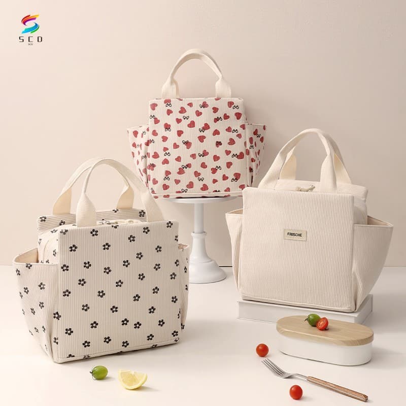 Bolsa Térmica Fofa De Veludo Cotelê Com Isolamento Térmico Para Piquenique Bolsos Laterais E Zíper