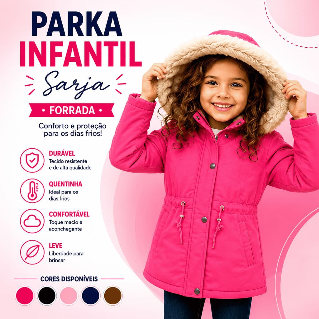 Parka Infantil Casaco De Frio Menina Juvenil Blusa Pro Fio Kids Jaqueta Peluciada Capuz Removível Bobojaco Pelinho