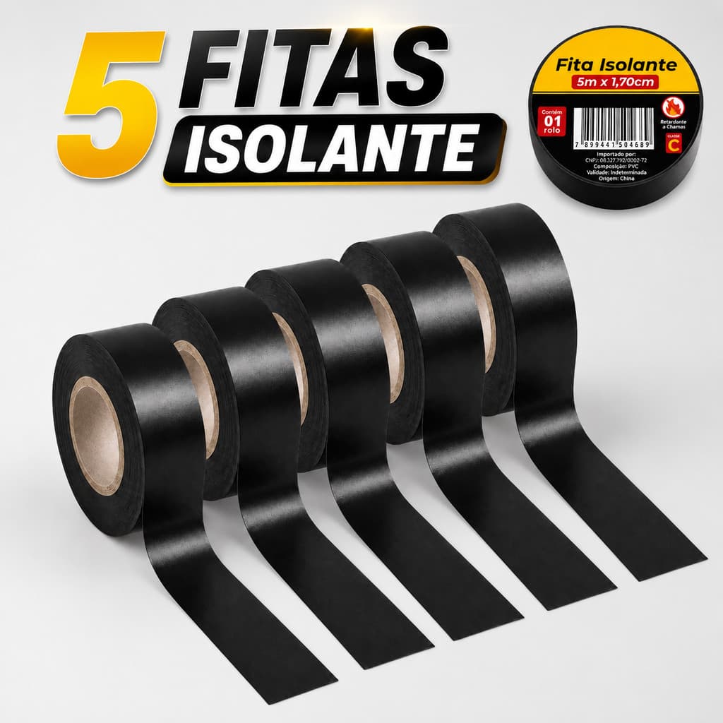 5 Fita Isolante Preta Antichamas 5 Metros Alta Resistência para Instalações Elétricas