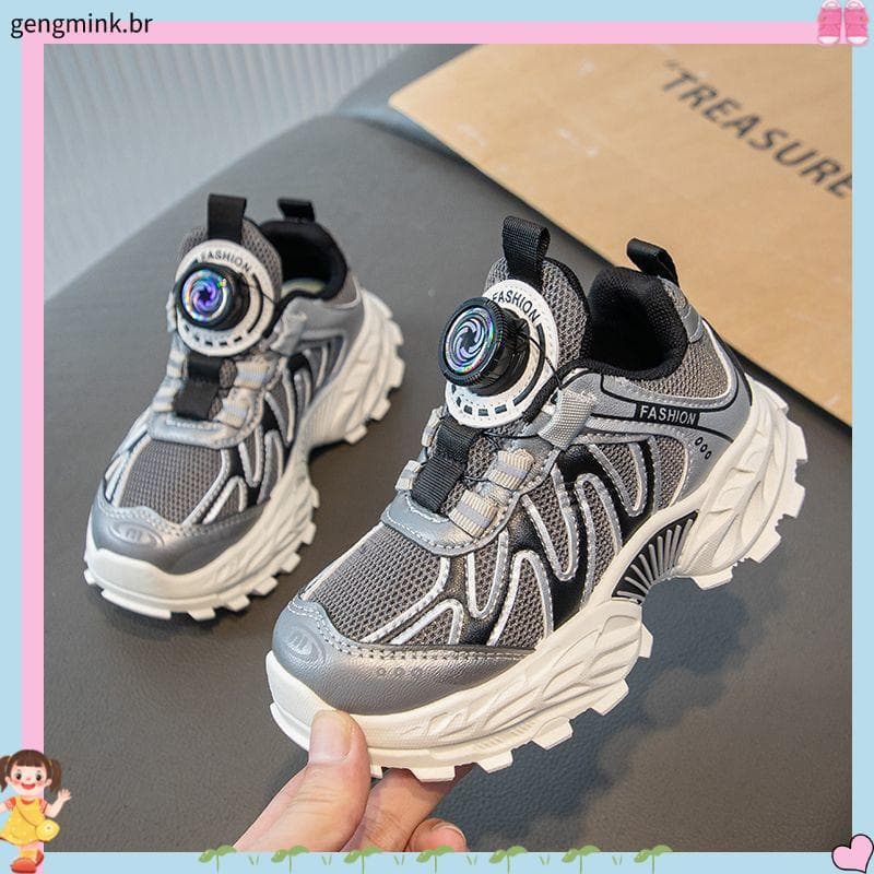 Novos sapatos infantis 2025 sapatos esportivos crianças meninos respirável leve meninas malha correndo botão rotativo pa