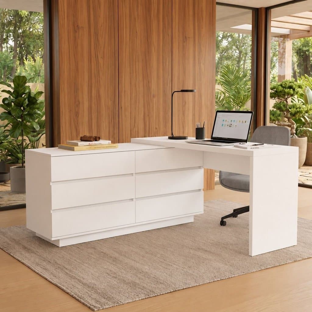 Escrivaninha em L ou Reta Oring 6 Gavetas 230cm CabeCasa MadeiraOriginals Branco Branco