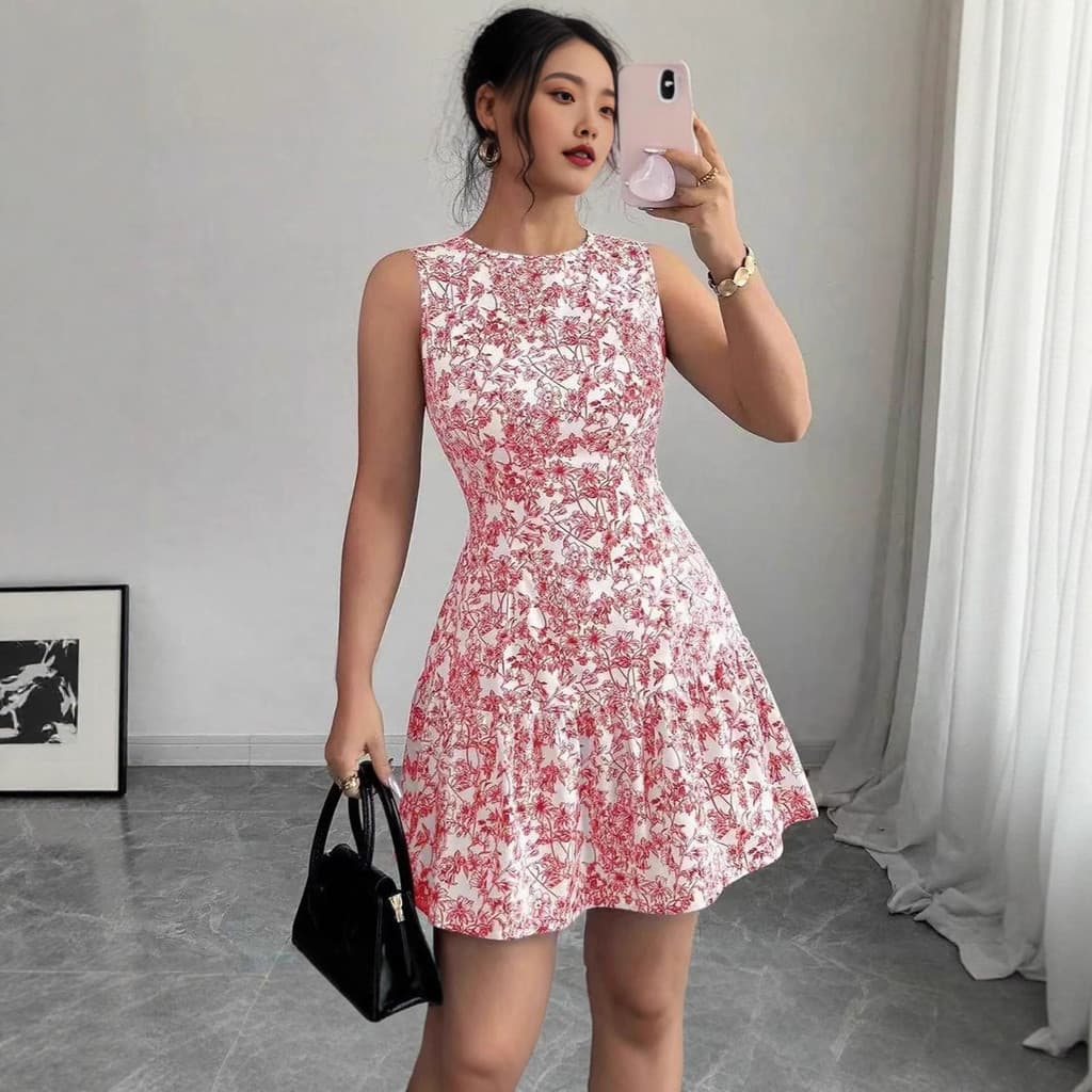 Vestido Colete Floral Sem Mangas Gola Redonda