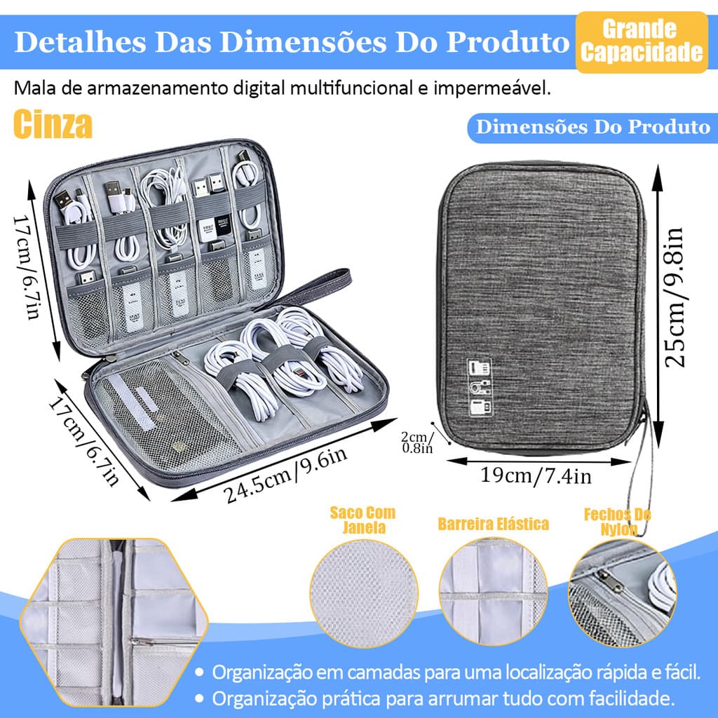 Organizador de Cabos e Carregadores – Estojo com Divisórias Ajustáveis (Azul/Cinza)