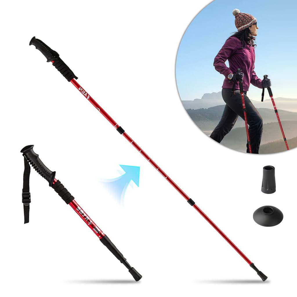 Bastão de Caminhada Regulável em Alumínio 64-135cm | Leve 300g | Para Trilha, Trekking, Corrida e Montanhismo – Vermelho