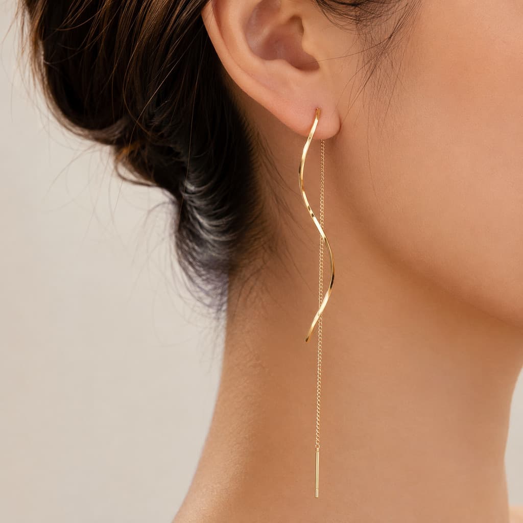 1 par de brincos longos ondulados de prata 925 para mulheres, banhados a ouro 18k