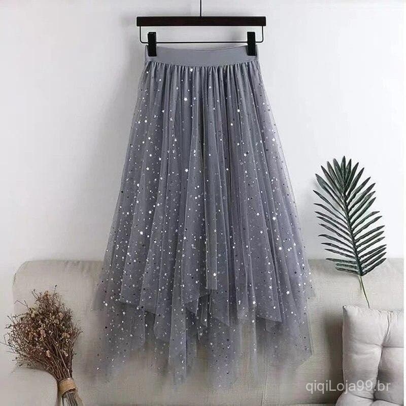 Qooth Fada Estrela Sequins Malha Tutu Saia Elástica Brilhante Cintura Longa Tule Em Linha A