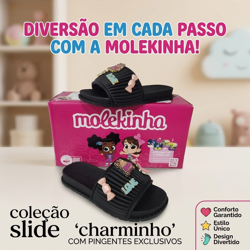 Chinelo Infantil Molekinha Slide Feminino Preto Confortável Sandália Casual Menina Original com Apliques