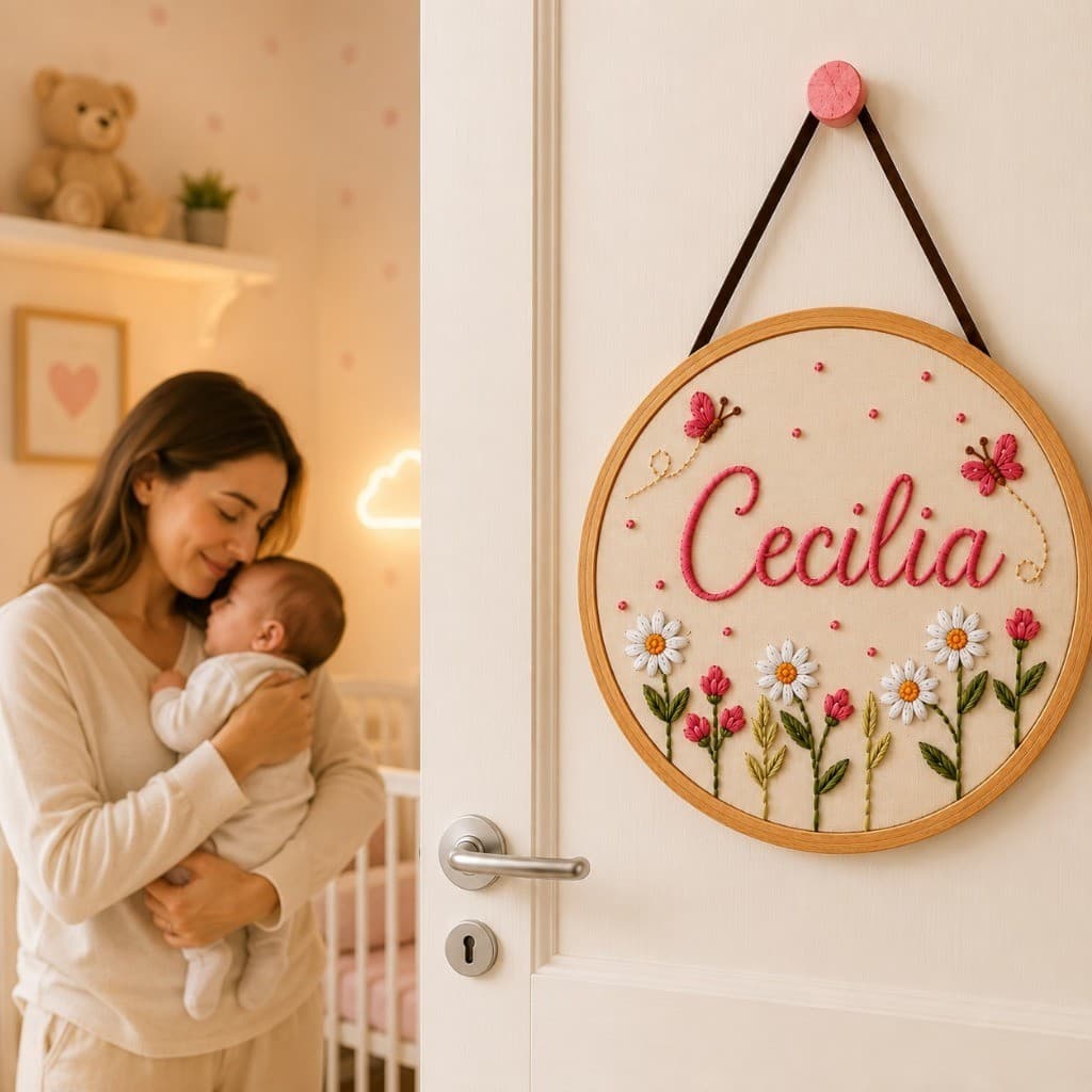 Porta Maternidade de Menina Personalizada Nome Jardim MDF Não é bordado e sim...Efeito Bordado