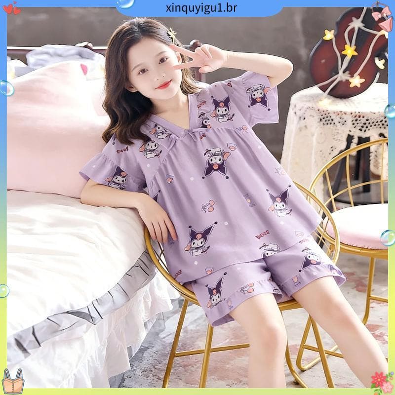 Pijamas crianças 2025 estilo princesa médio grande crianças terno novo estilo verão moda menina gelo seda estilo fino Ho