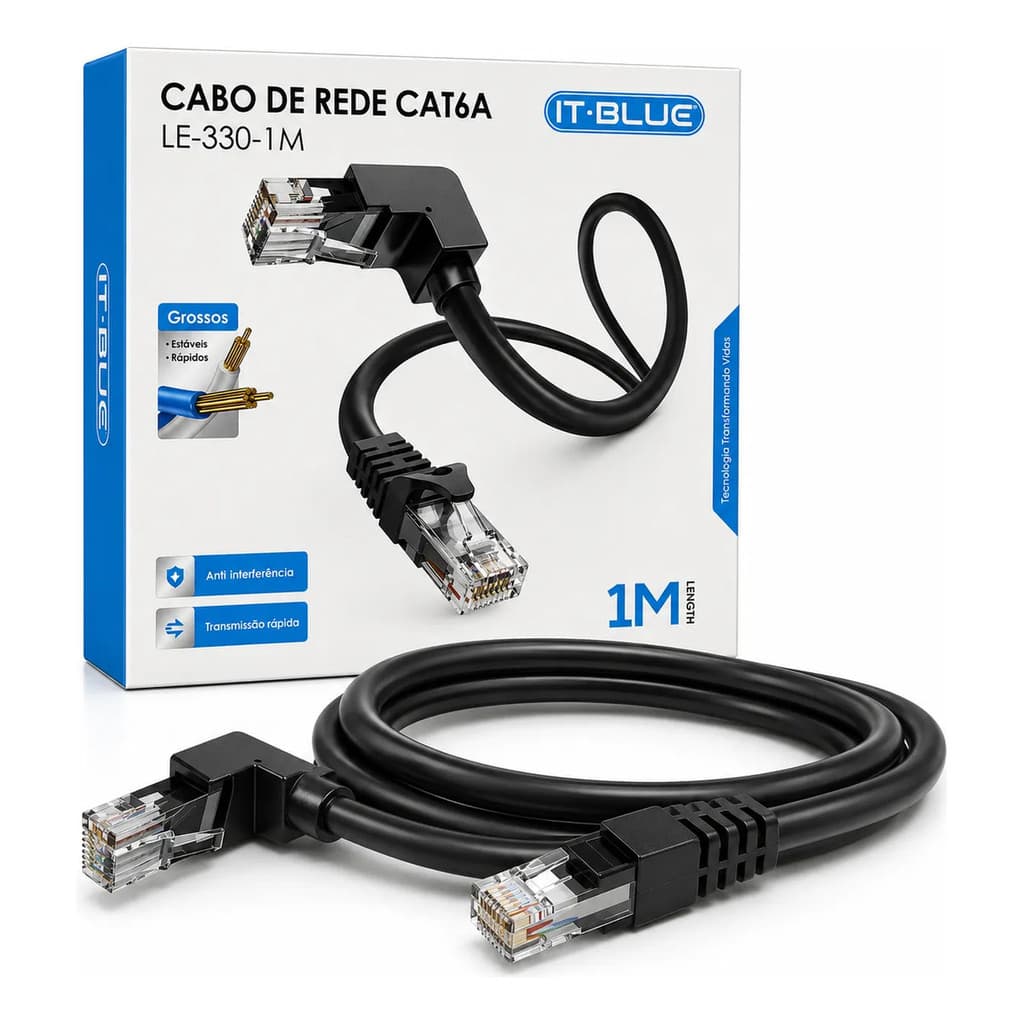 Cabo de Rede CAT6A 1 Metro RJ45 90 Graus Em L Gigabit Ethernet para Smart TV PC Roteador