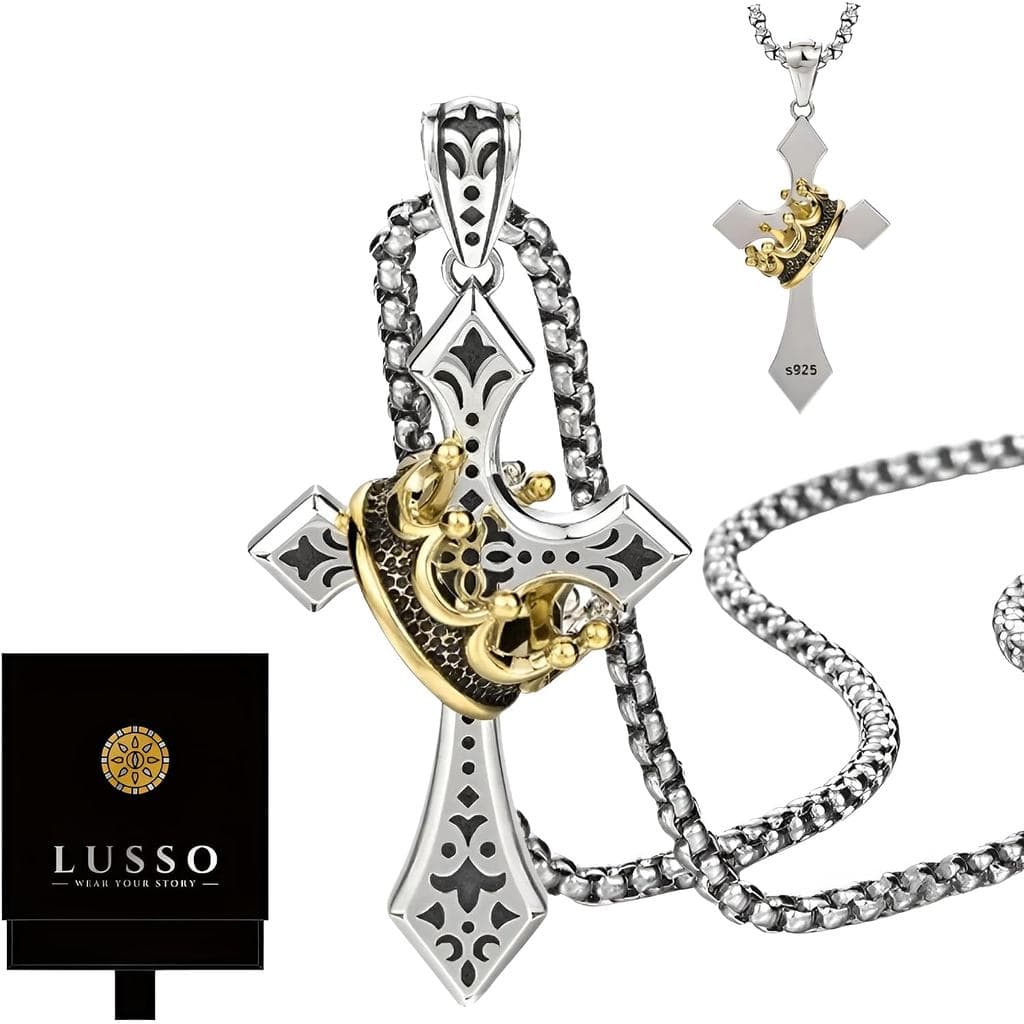Colar de Cruz com Coroa em Prata Esterlina 925 LUSSO para Homens - Pingente Retro de Crucifixo de Espinhos, Corrente de