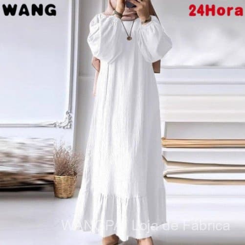 Vestido Longo Feminino Solto de Cor Sólida com Decote Redondo e Mangas Longas com Babados