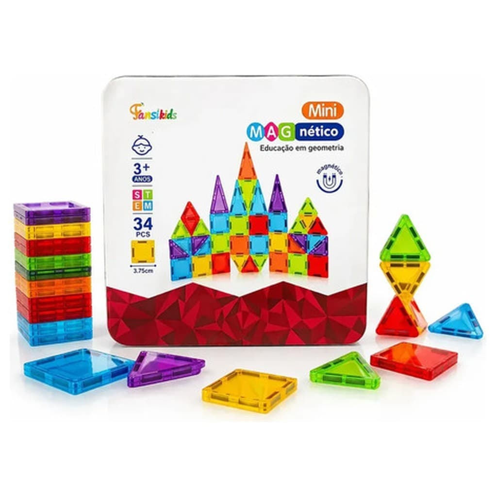 Blocos Magnéticos 34 Peças Jogo Viagem Sensorial Quebra Cabeca 3D Cubos Magnéticos Estojo Metal