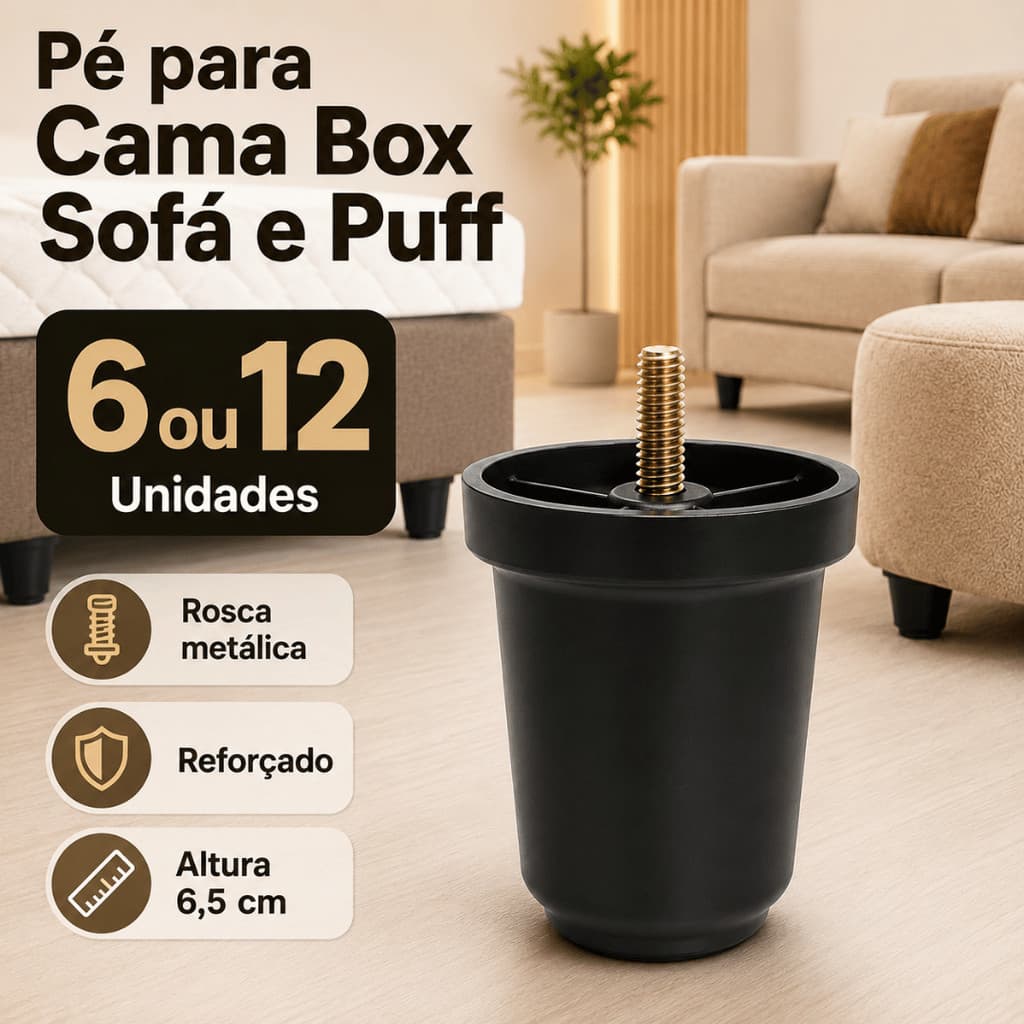 Pé para Cama Box Sofá Puff Rack Preto Reforçado Rosqueável 6 cm 6 ou 12 Unidades
