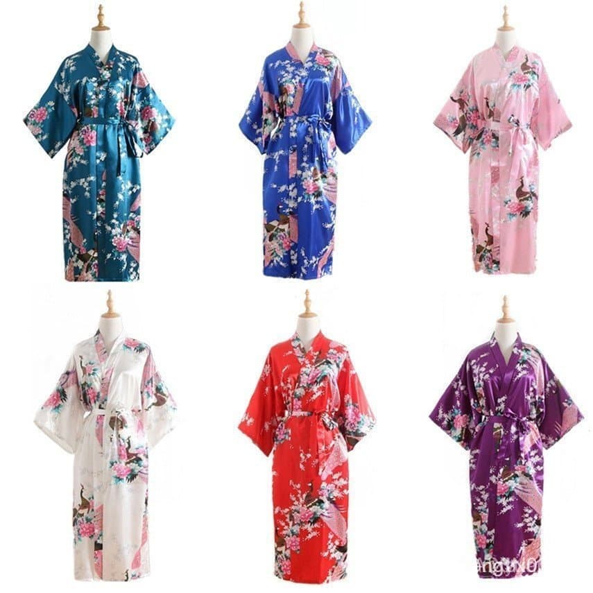 Quimono Feminino Estilo Japonês em 15 Cores Yukata Pijama Longo de Cetim Fino com Estampa de Pavão 7GZO