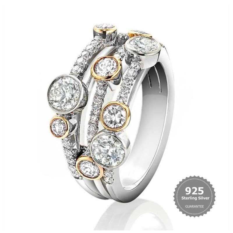 Anel de Moissanite em Prata S925 Bicolor com Linhas Geométricas Ocas e Ponta de Diamante WHFQ